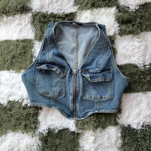 Denim Zip-Up Vest with Pockets
